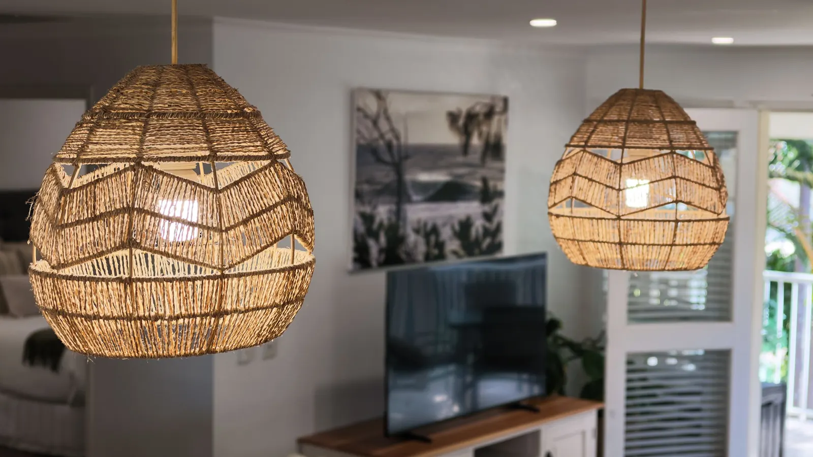 Woven pendant lights in a living room